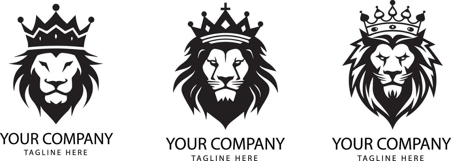 Set of lion heads with crown Vector logo isolated on white background