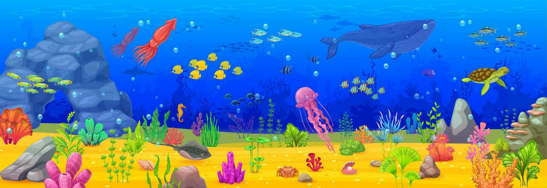 Cartoon underwater sea landscape and animals vector