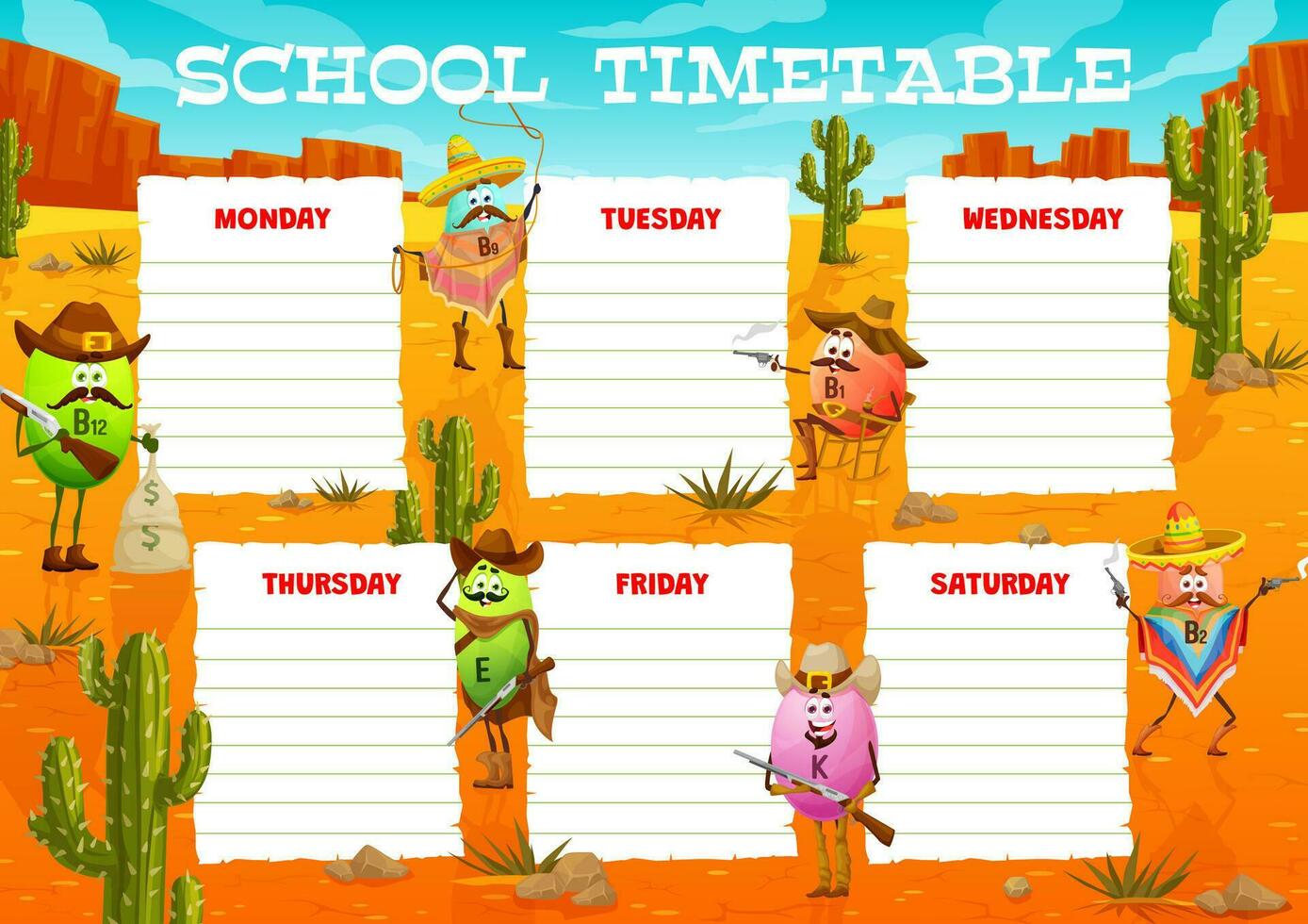 Education timetable schedule, vitamin cowboys vector