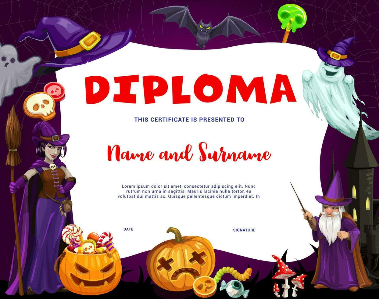 Halloween kids diploma, school vector certificate
