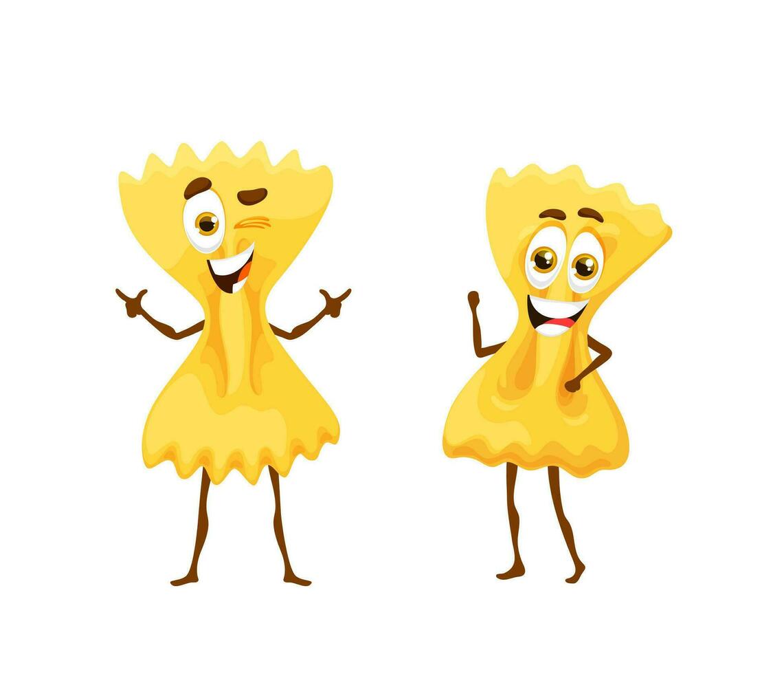 Cartoon farfalle pasta characters, funny macaroni vector