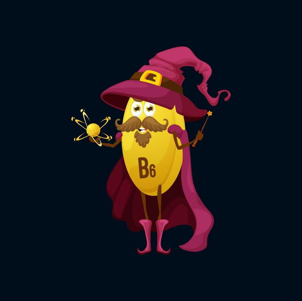 Cartoon funny vitamin B6 wizard character pill vector