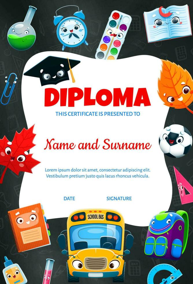Kids education diploma, cartoon school supplies vector