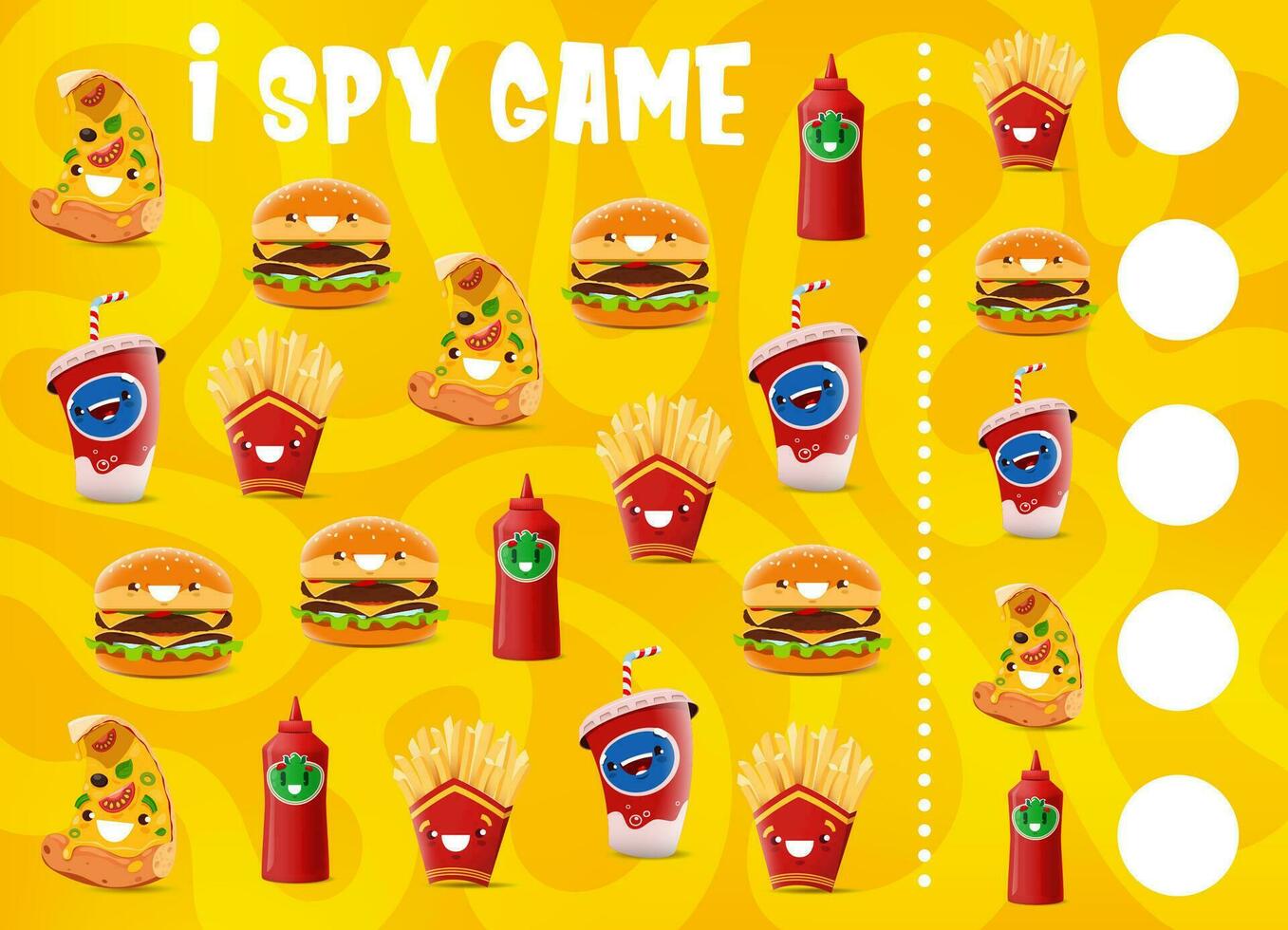 I spy game, cartoon takeaway fast food characters vector