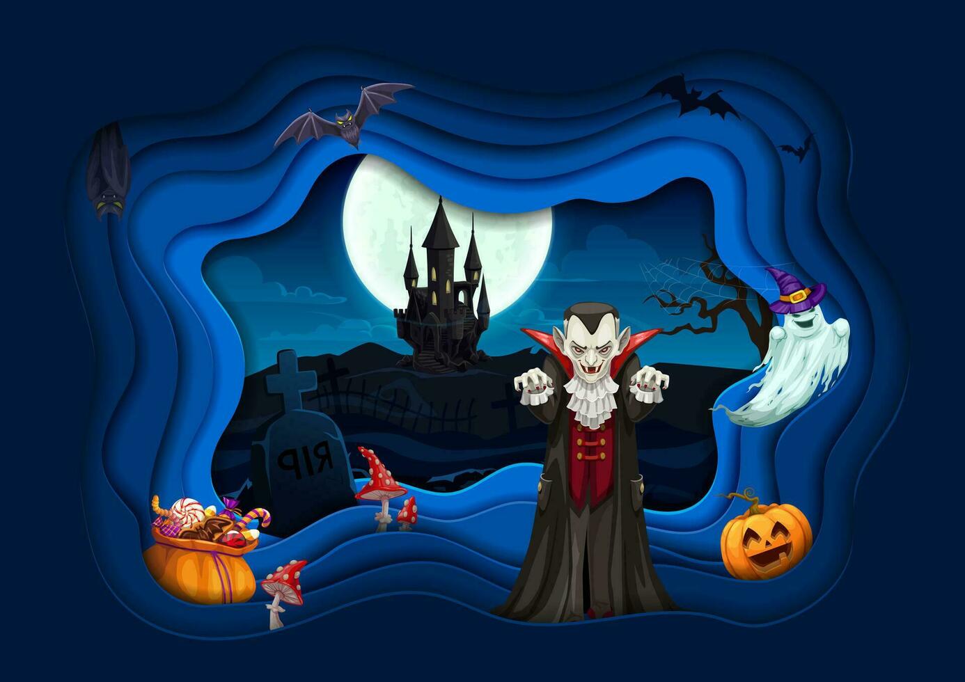 Halloween cartoon vampire paper cut 3d poster vector