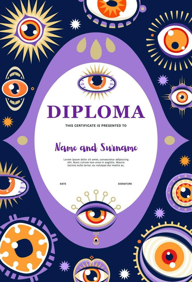 Kids wizard diploma with magical witchcraft eyes vector