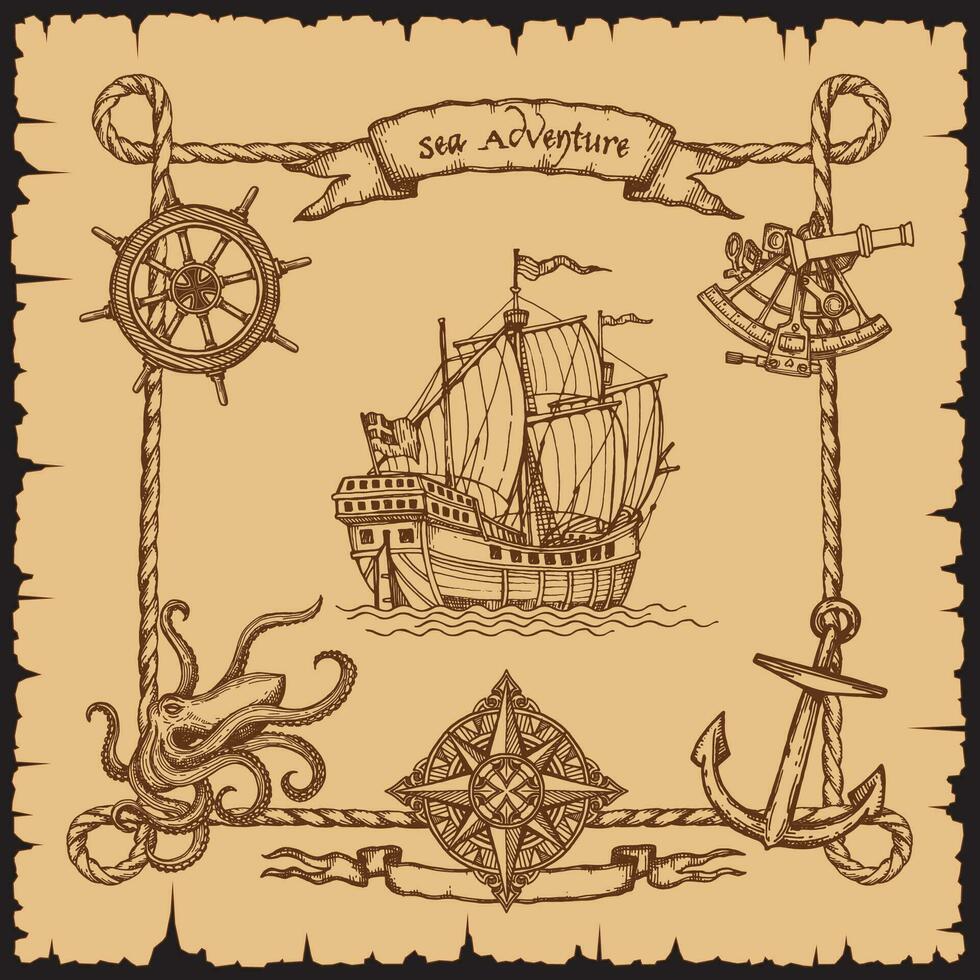 Vintage pirate vessel ship with rope frame border vector