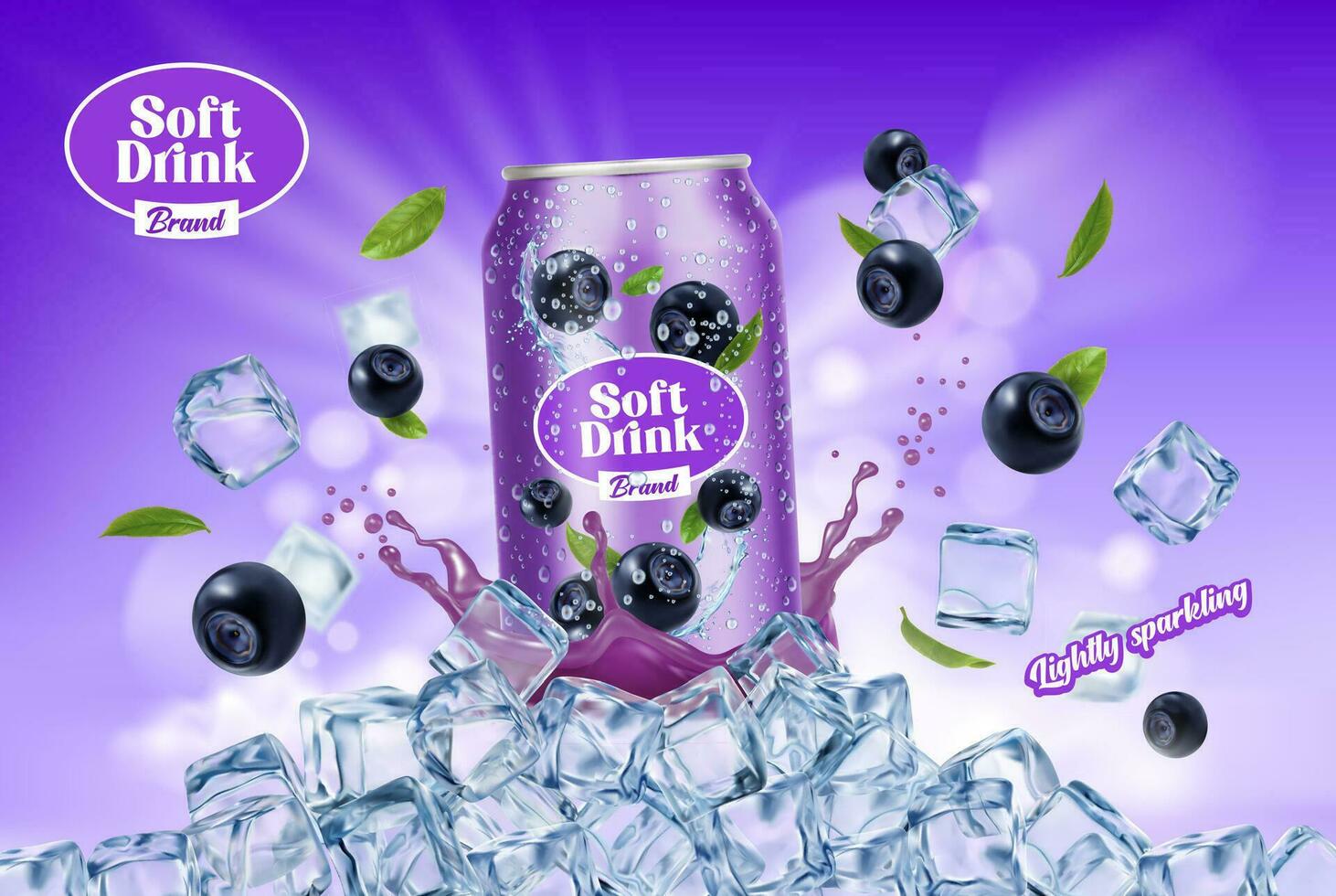 Blueberry drink can and ice cubes, juice splash vector