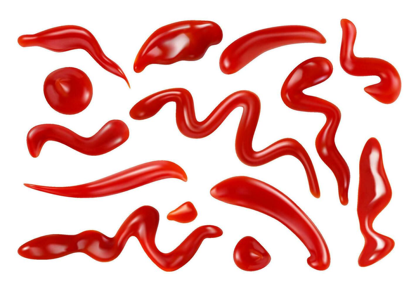 Realistic tomato ketchup drops, spills or splashes vector