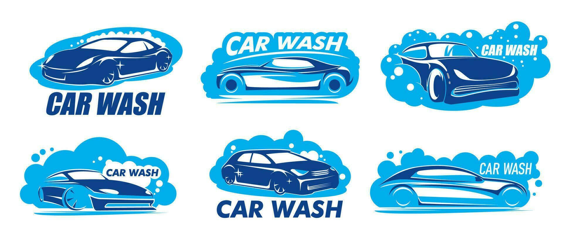 Car wash icons with clean autos, foam and bubbles vector