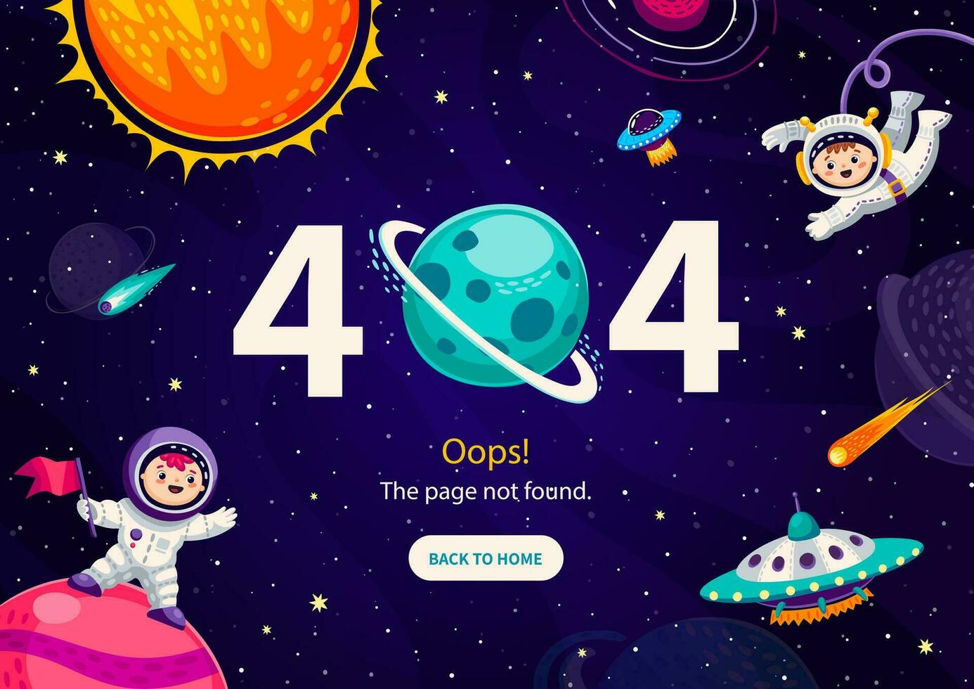 Page 404 cartoon space landscape, astronauts, UFO vector