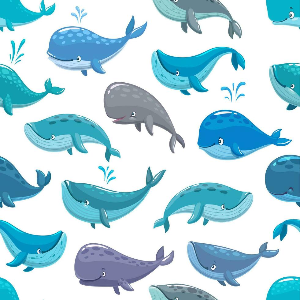 Cartoon whale characters seamless vector pattern