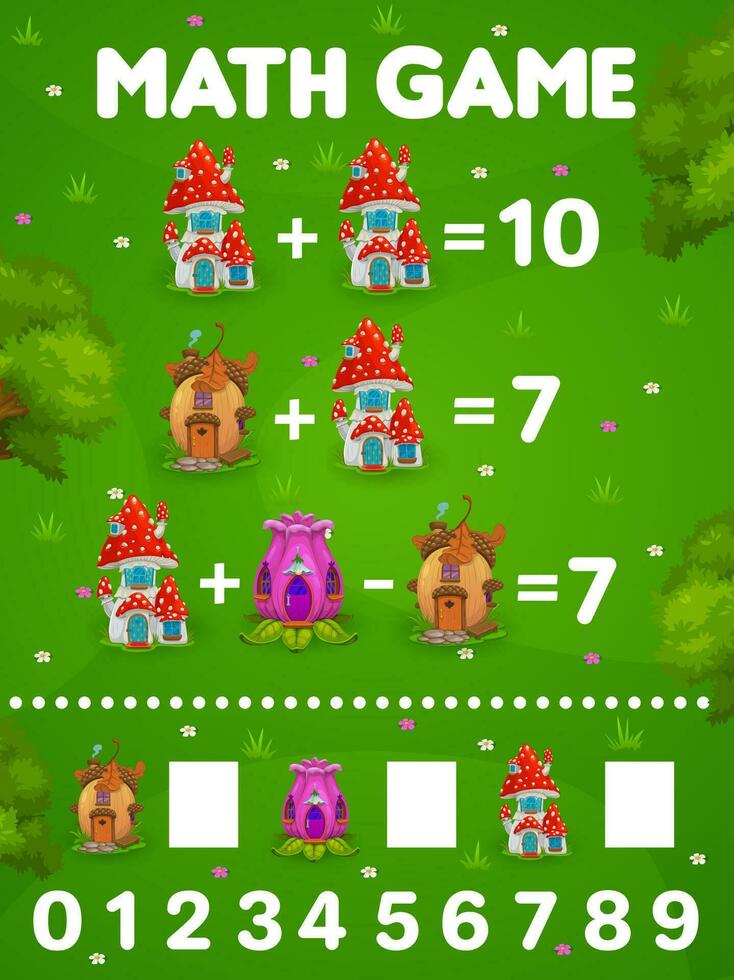 matemáticas juego hoja de cálculo, dibujos animados duende y gnomo casas vector