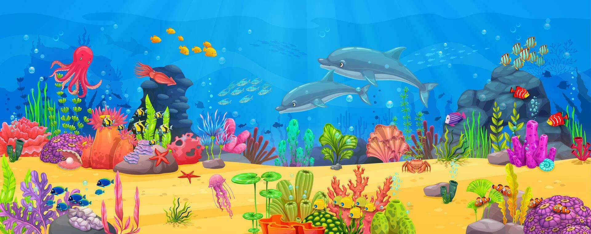 Banner or game level with sea underwater animals vector