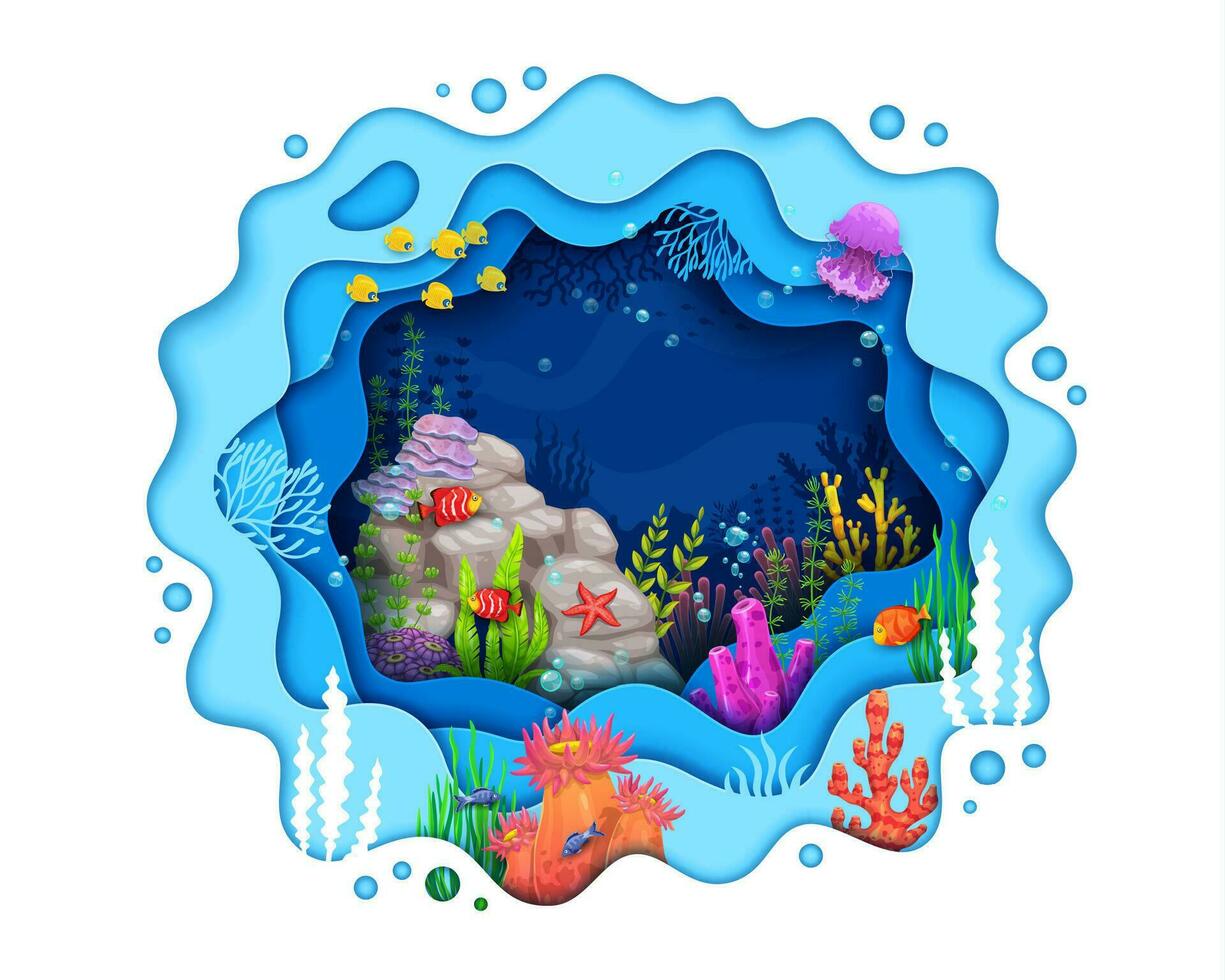 dibujos animados papel cortar submarino paisaje con pescado vector