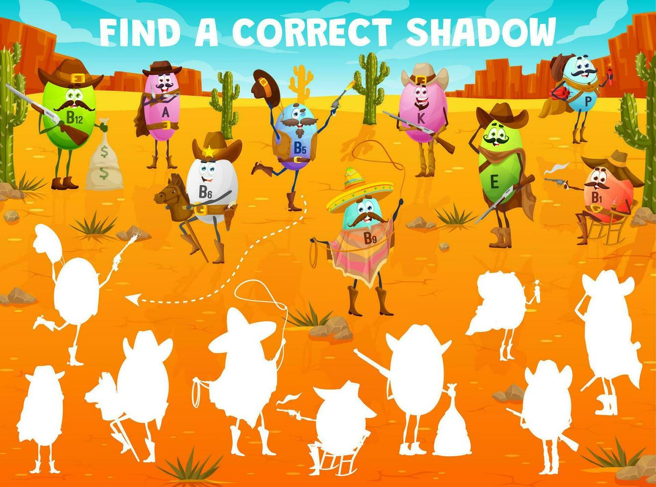 Find a correct shadow of cartoon vitamin cowboys vector
