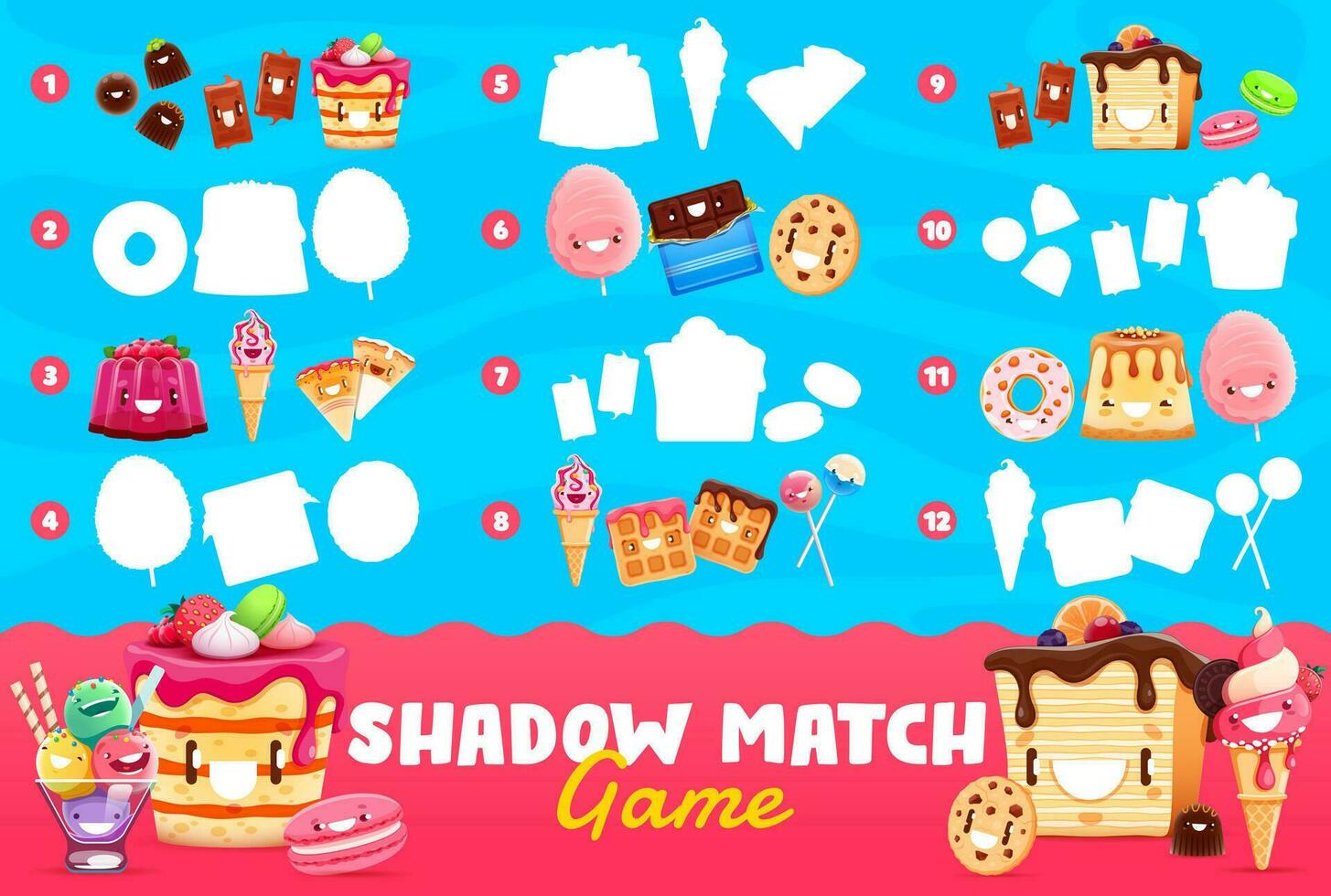 sombra partido juego dibujos animados dulces, postre enigma vector