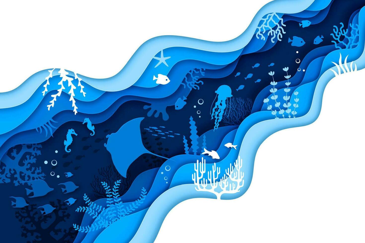 Manta ray, fish shoal, jellyfish and seahorse vector