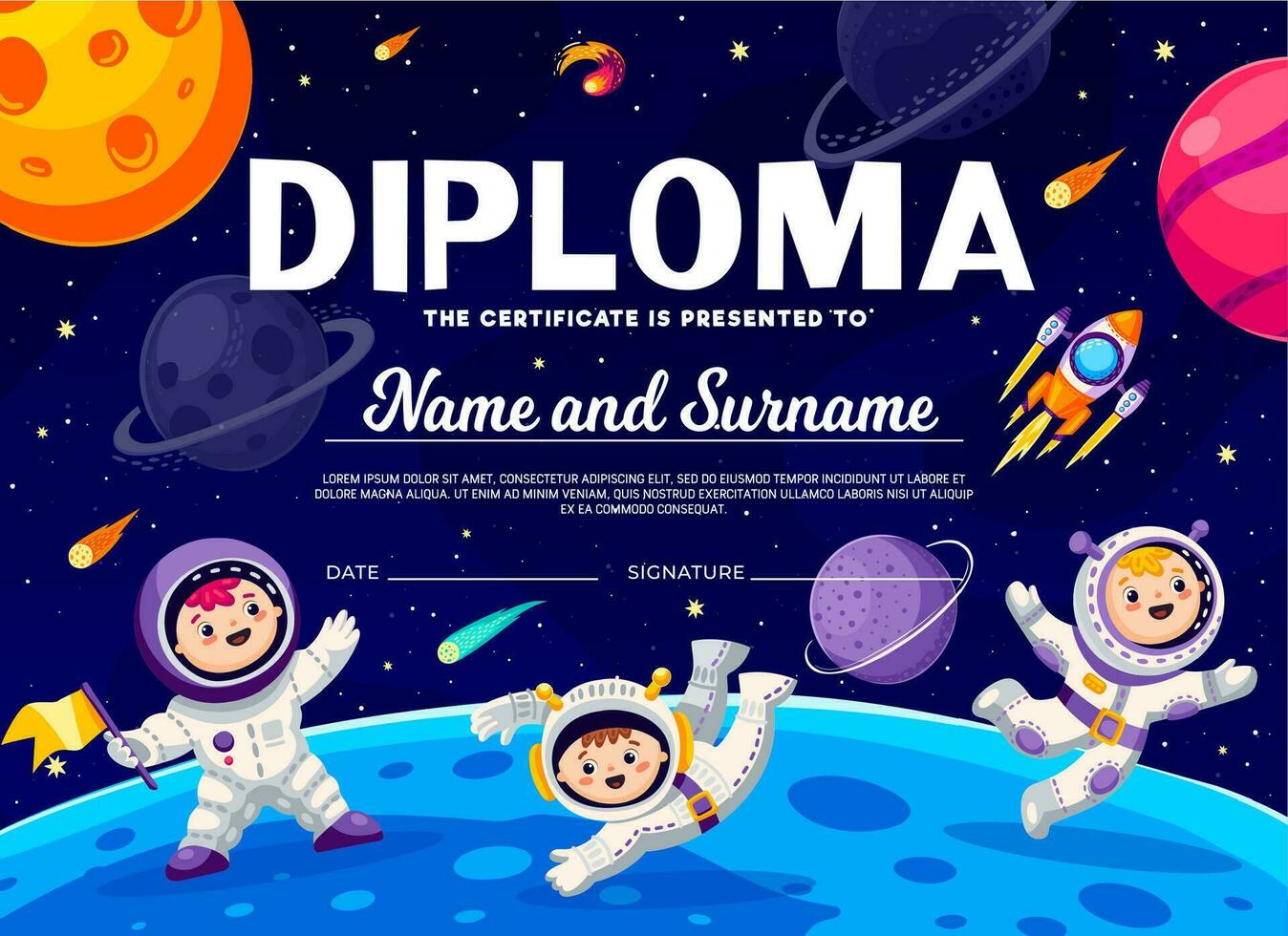 Kids astronaut diploma, boys and girl astronauts vector