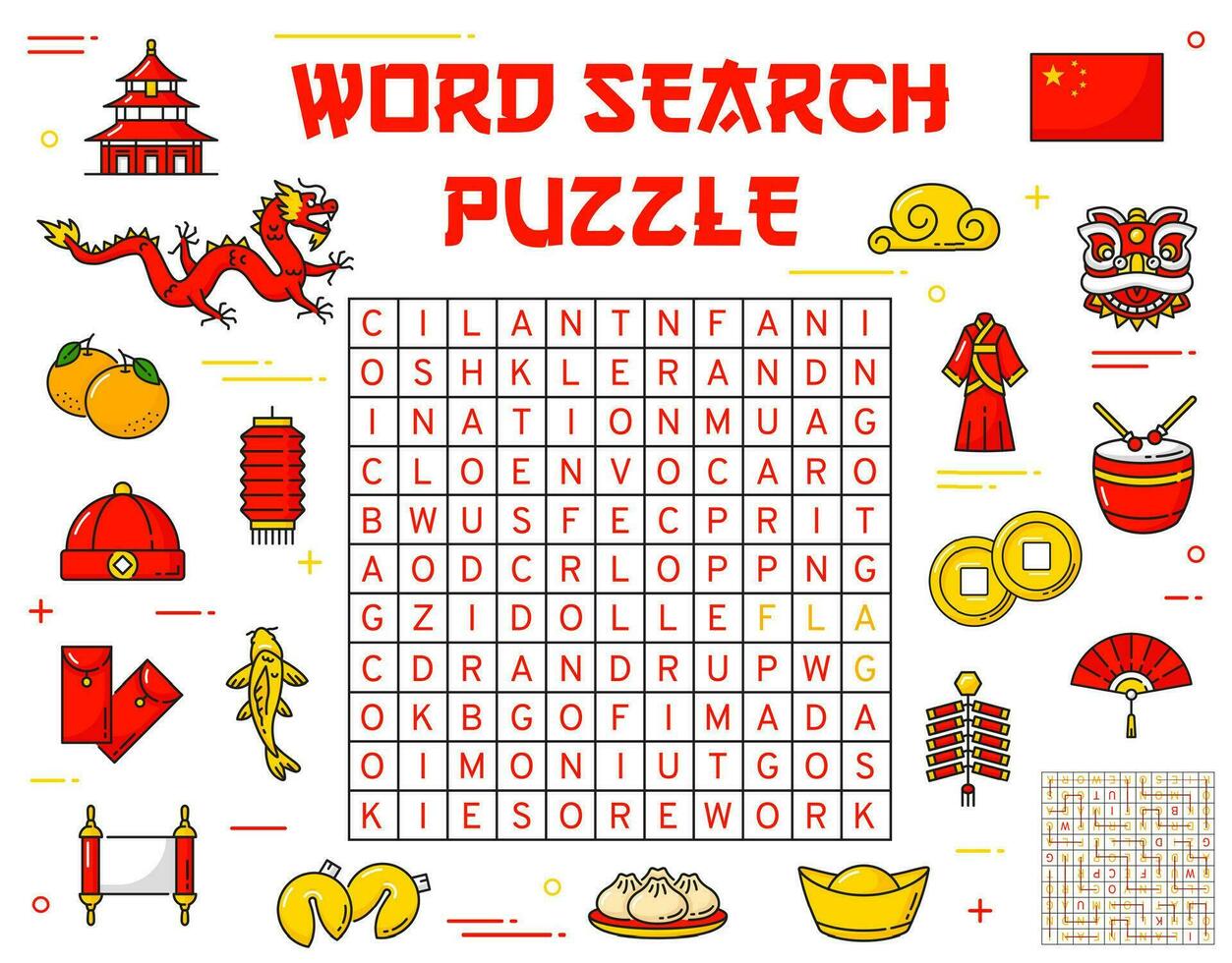 Chinese holidays items word puzzle game worksheet vector