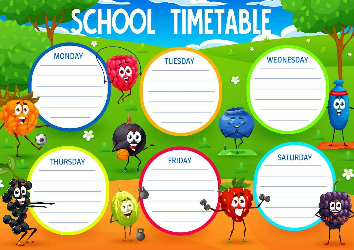 Timetable schedule plan, cartoon berry characters vector