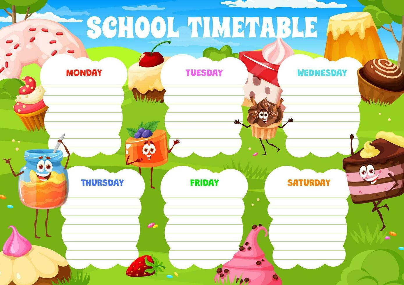 Timetable schedule cartoon funny desserts, sweets vector