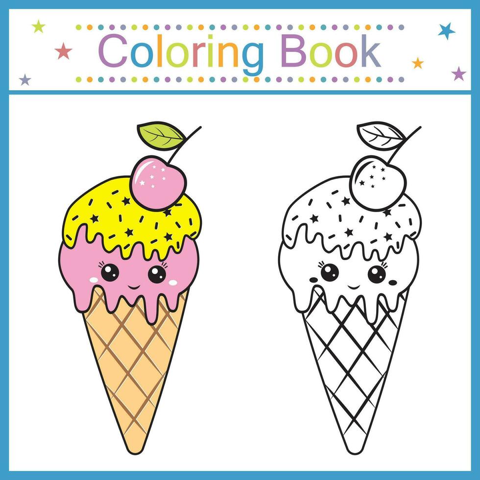 Coloring book for kids ice cream kawaii, isolated contour illustration vector
