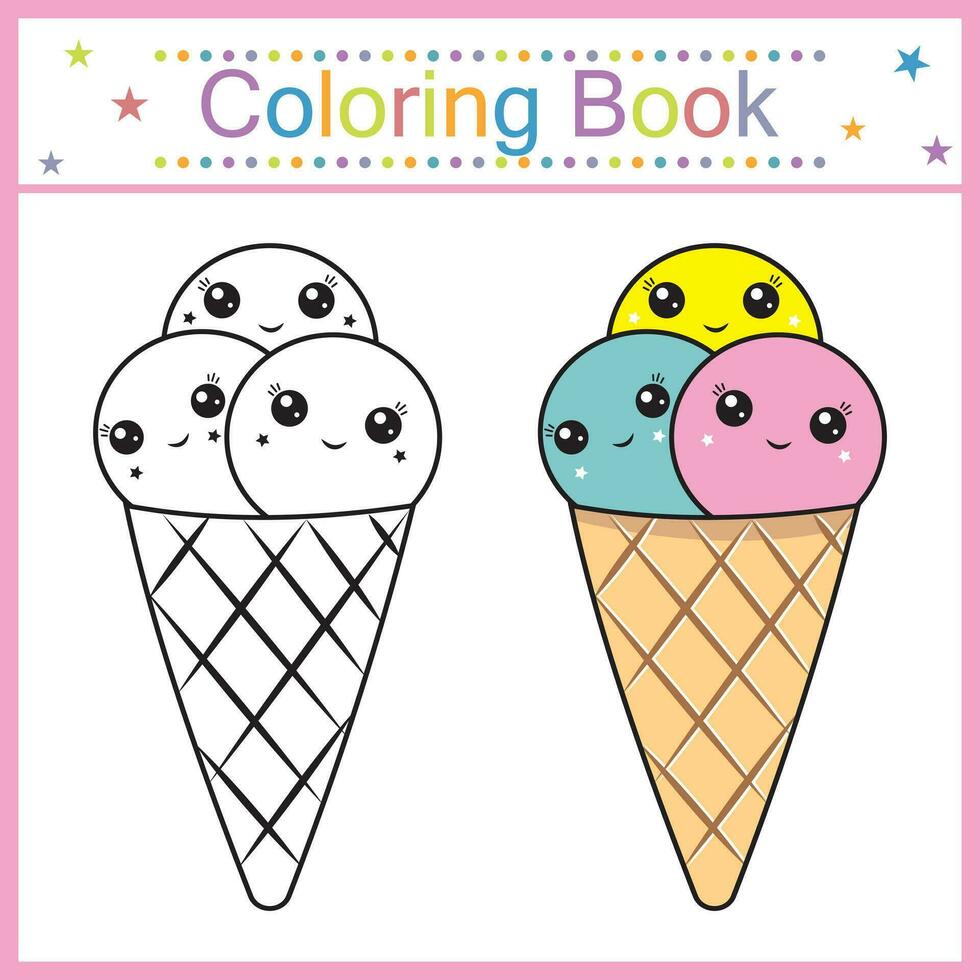 colorante libro para niños hielo crema kawaii, aislado contorno ilustración vector