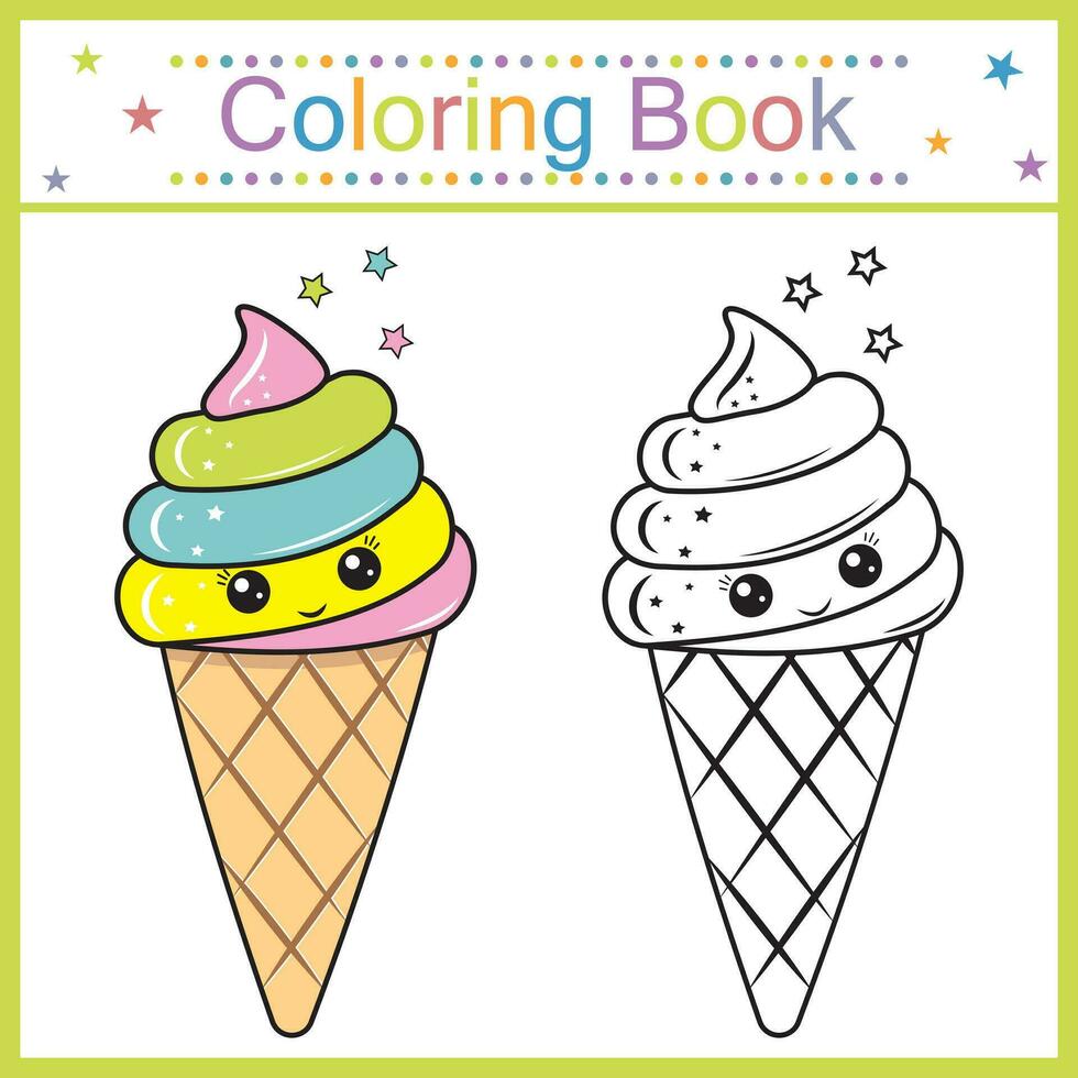 colorante libro para niños hielo crema kawaii, aislado contorno ilustración vector