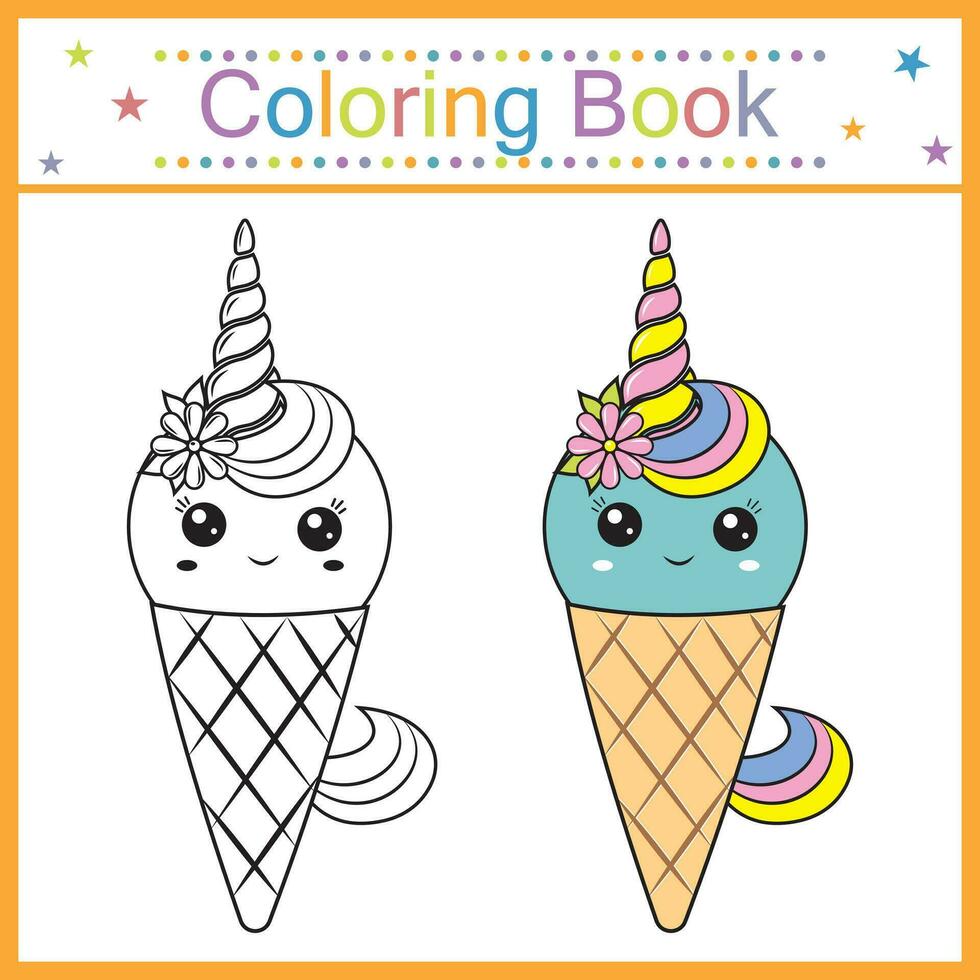 colorante libro para niños hielo crema kawaii, aislado contorno ilustración vector