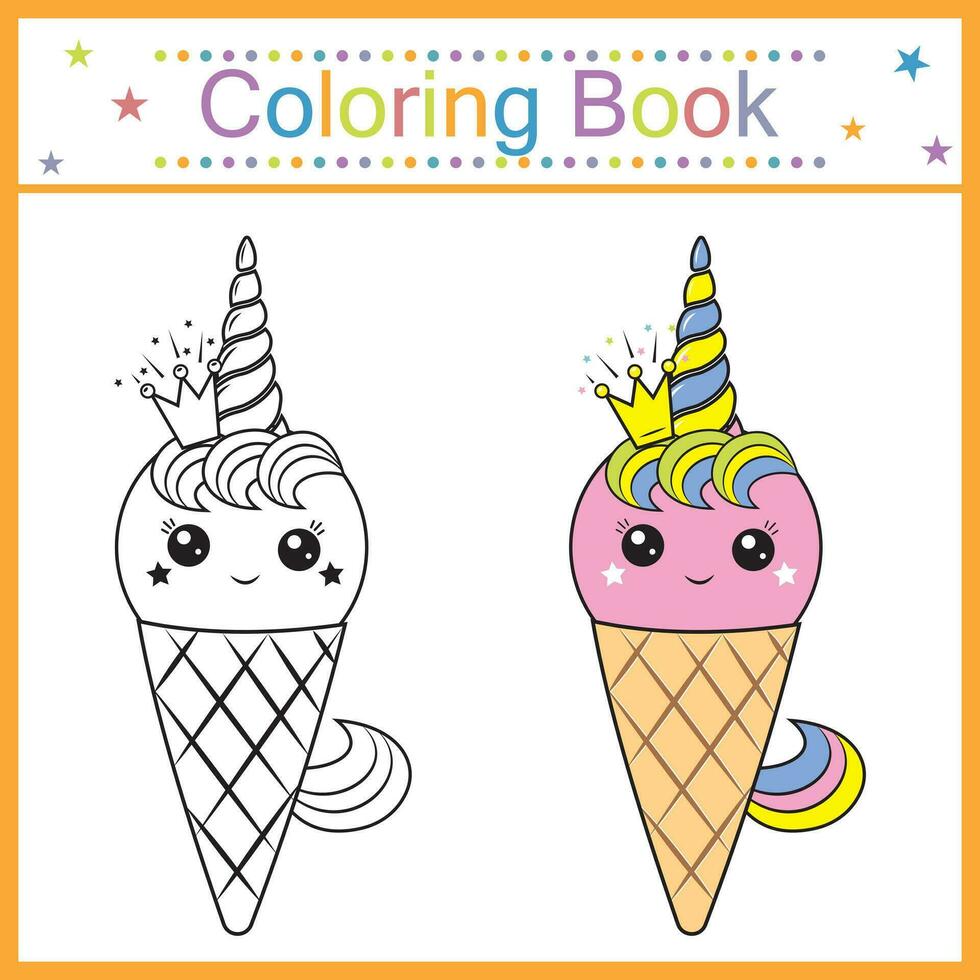 colorante libro para niños hielo crema kawaii, aislado contorno ilustración vector