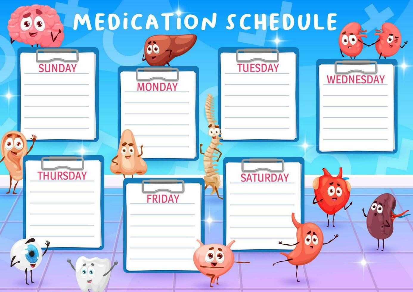Medication schedule cartoon human organ characters vector