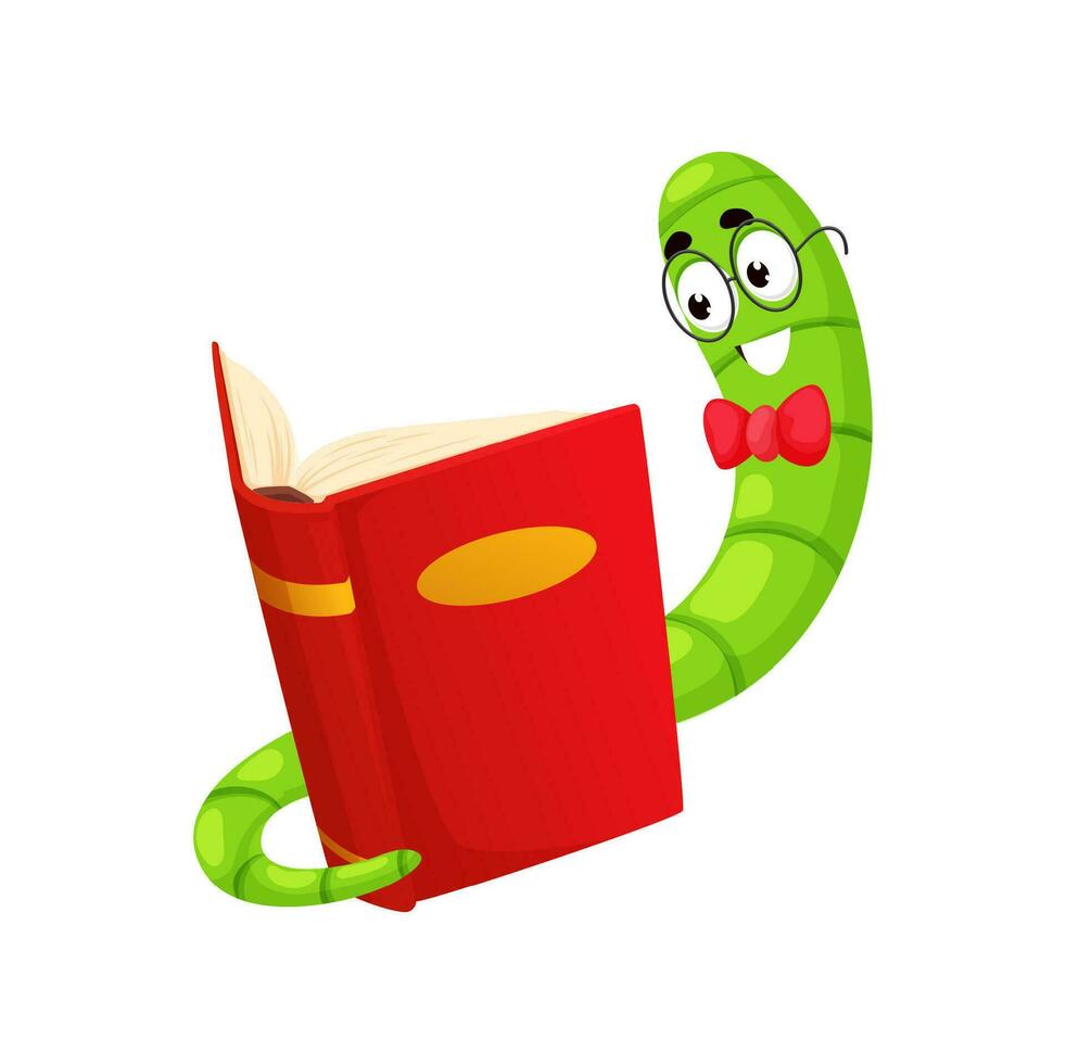 Cartoon bookworm character, book worm reading vector