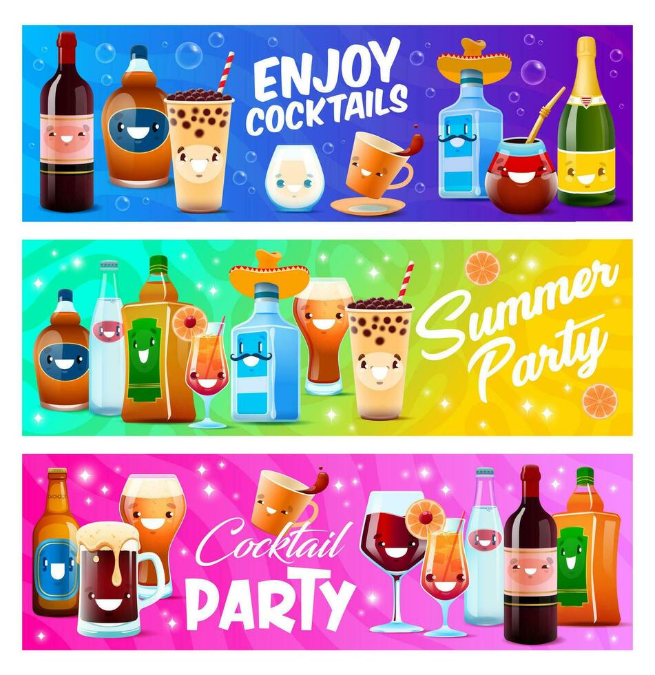 Cartoon drink and cocktail bottles characters vector