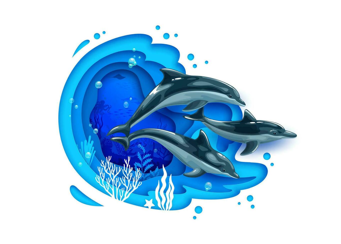 Cartoon dolphins and sea paper cut landscape vector