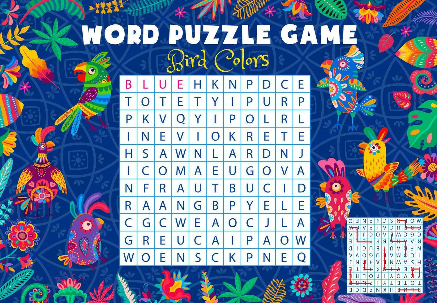 Word search puzzle game, Brazilian parrots colors vector
