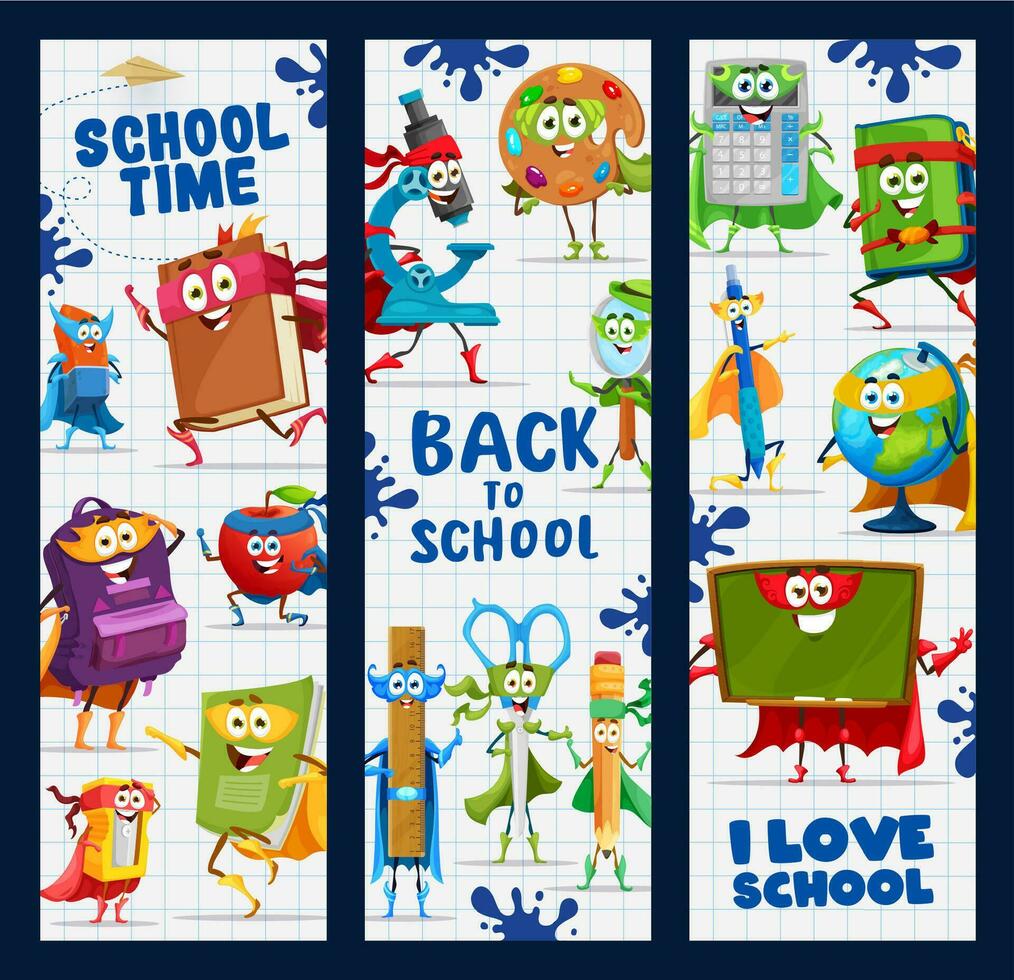 Back to school banners with cartoon stationery vector