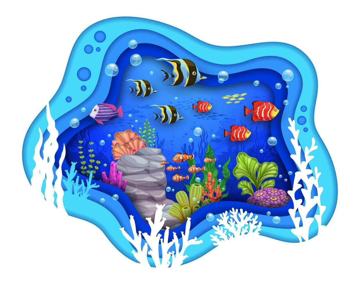 Cartoon tropical corals, fish shoal and seaweeds vector