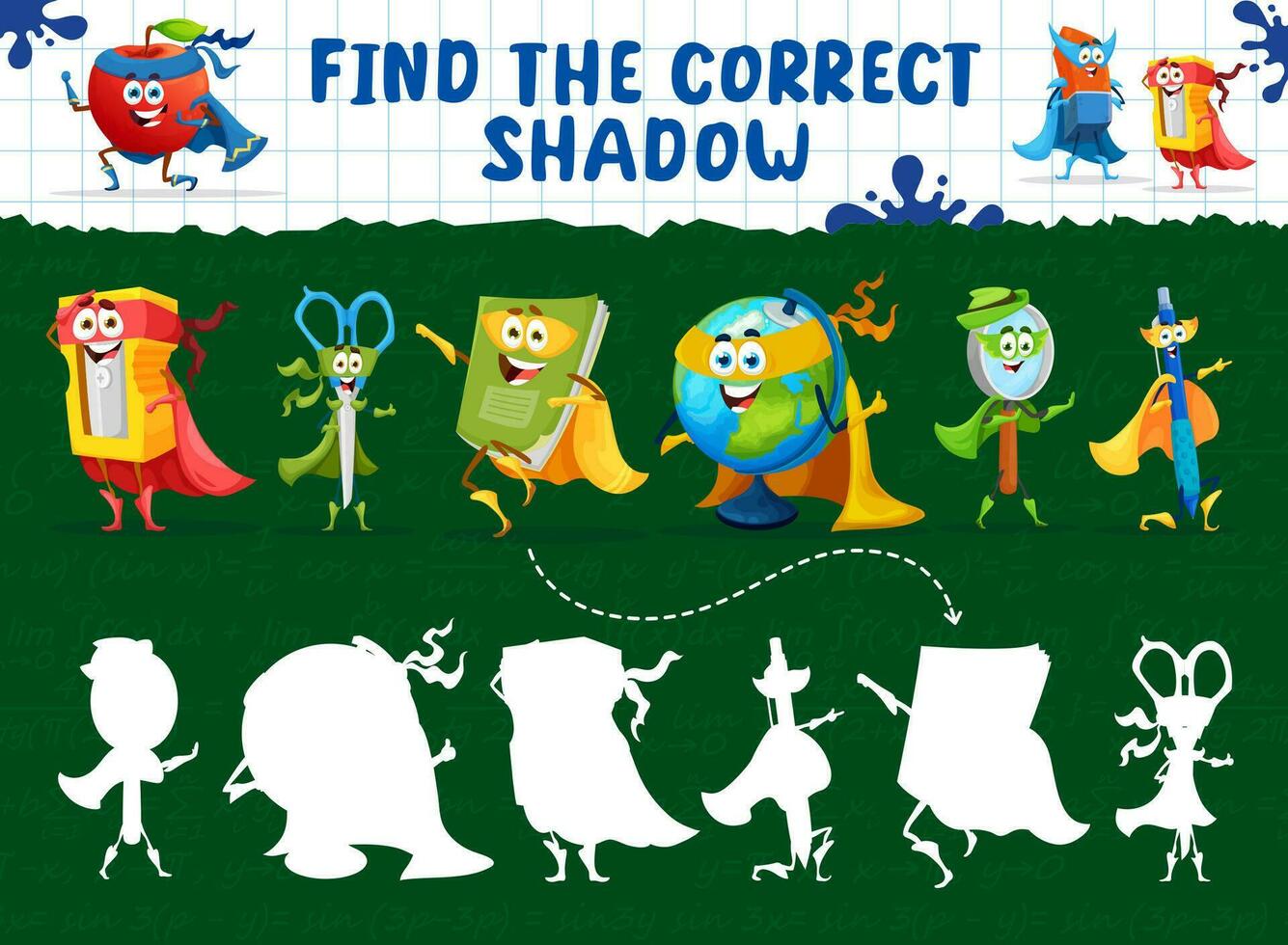 Find correct shadow, cartoon stationery superhero vector