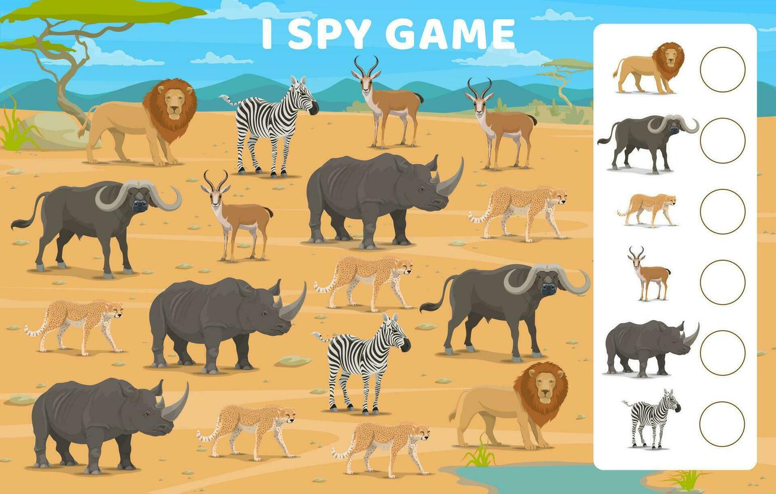 I spy game, cartoon african savannah animals vector