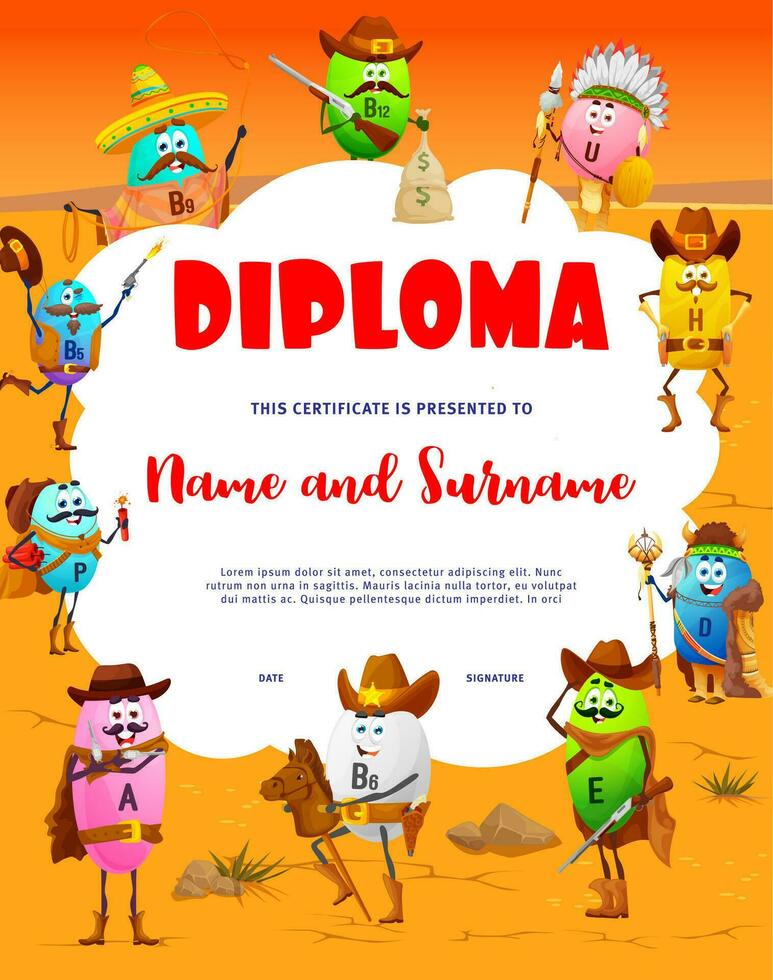 Kids diploma with cartoon vitamin characters vector