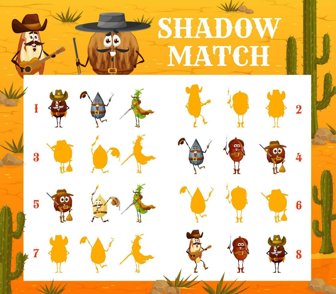 Shadow matching game with cartoon nut cowboy vector