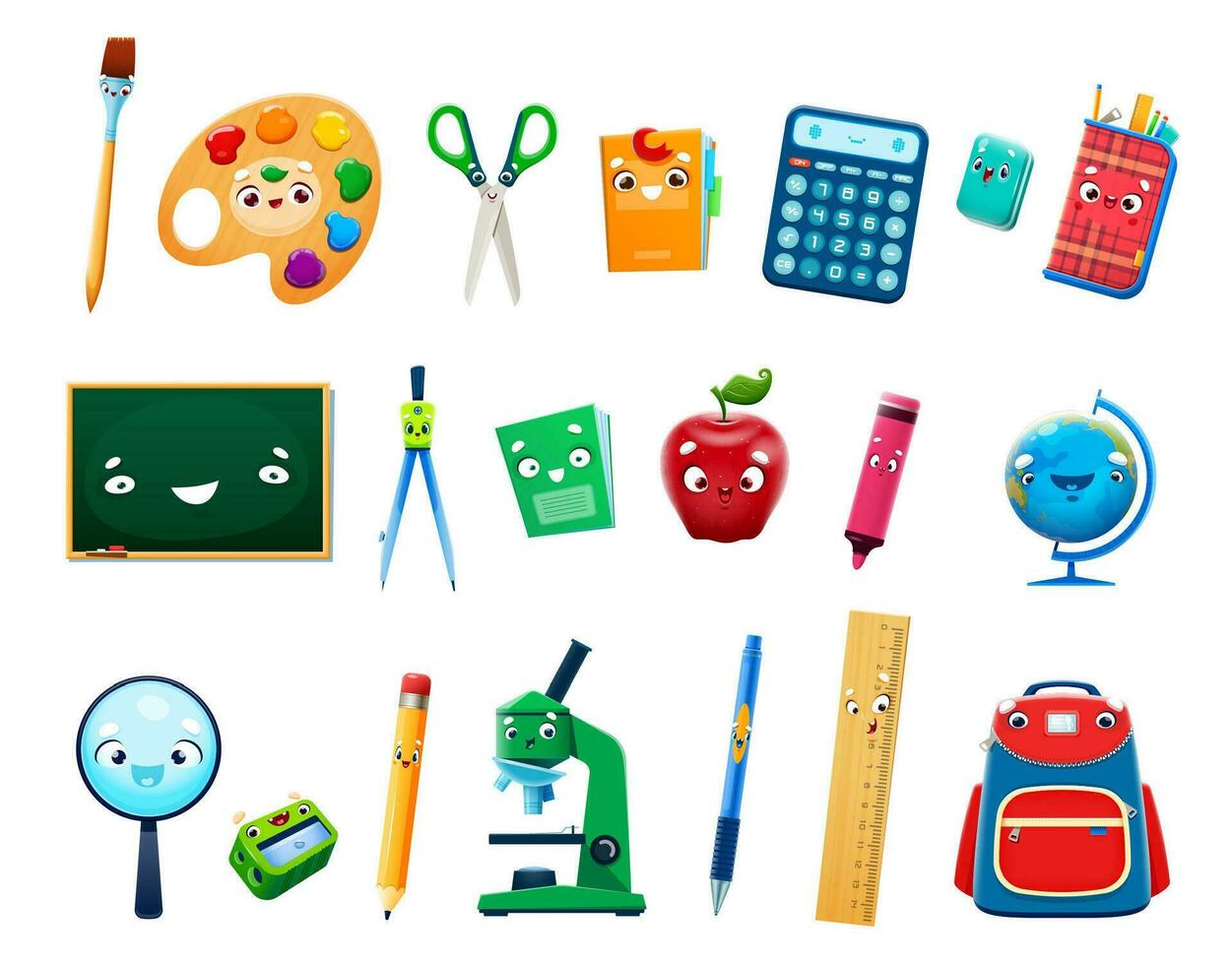 Cartoon school characters, books and stationery vector