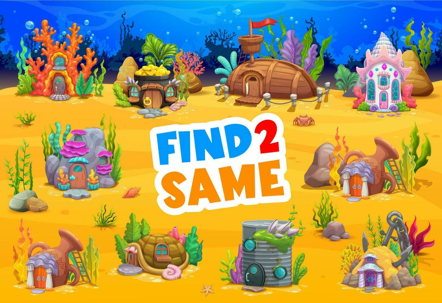 Find two same underwater cartoon houses, kids game vector