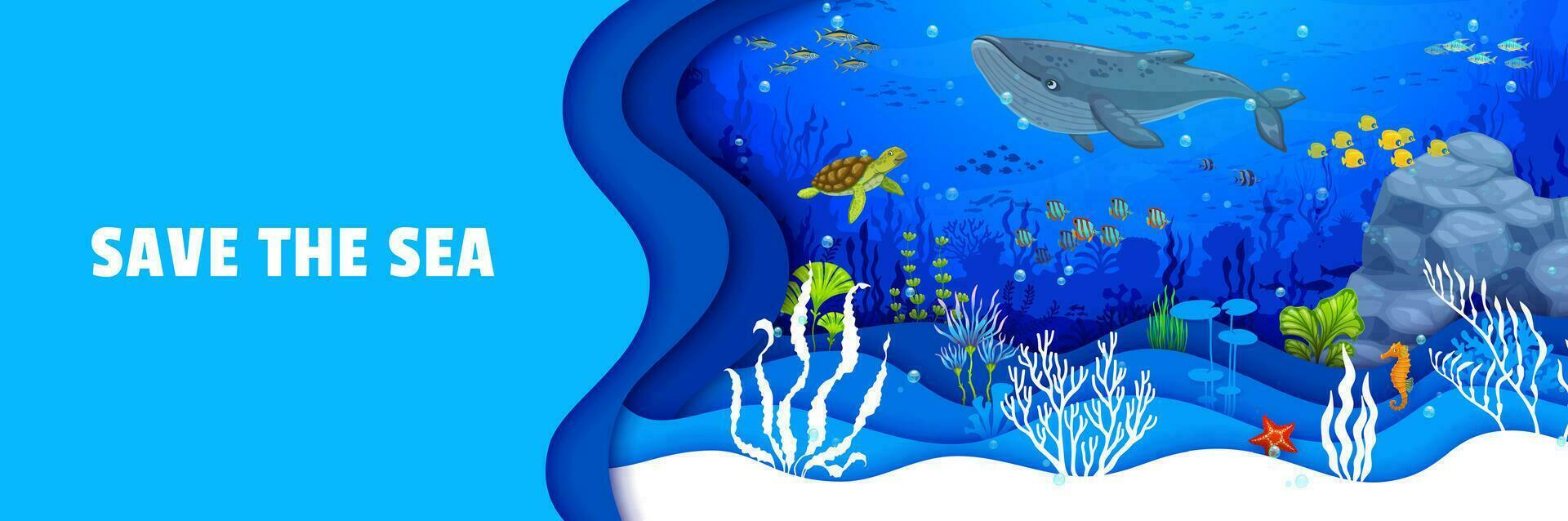 Cartoon sea paper cut landscape, save ocean banner vector