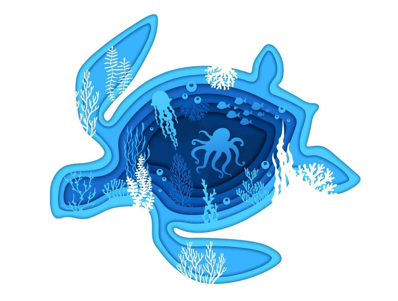 Sea turtle silhouette in underwater paper cut vector