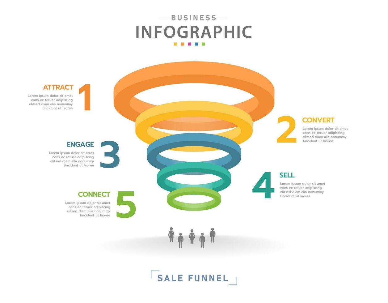 Infographic template for business. 5 Level Modern Circle Sales funnel diagram, presentation vector infographic.