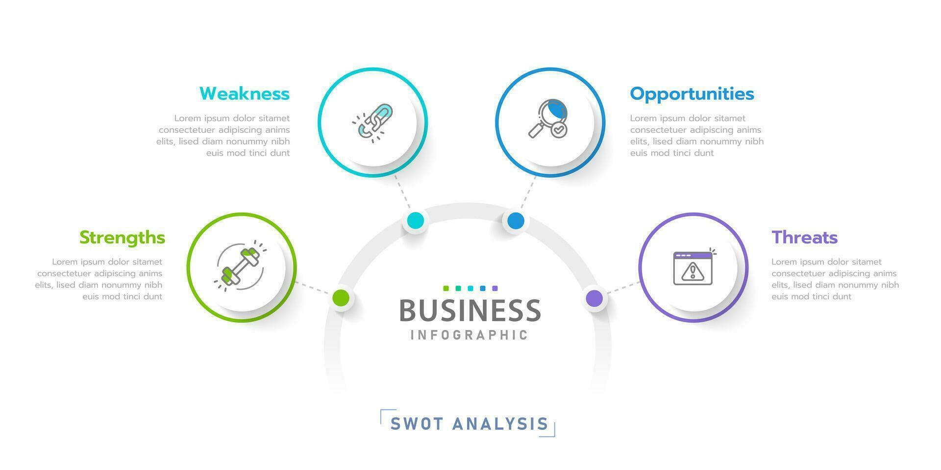 SWOT analysis diagram for business, 4 sides modern style with Strengths, Weakness, Opportunities, and Threats. presentation vector infographic.