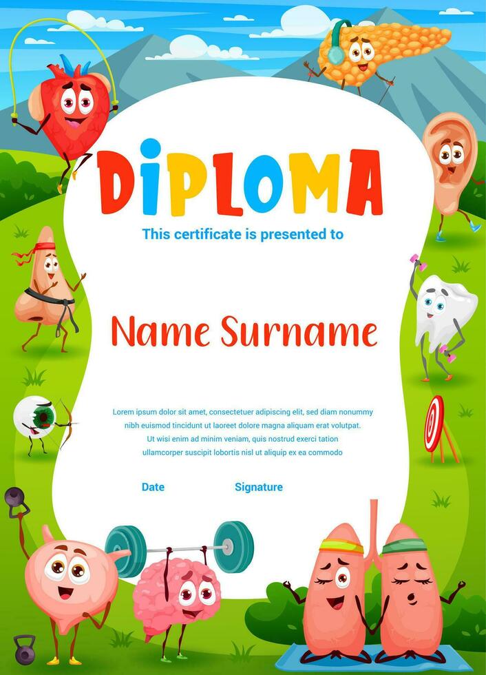 Kids diploma cartoon funny human organs characters vector