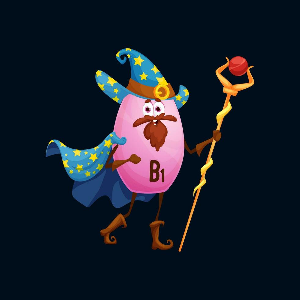 Cartoon vitamin B1 mage character with staff vector